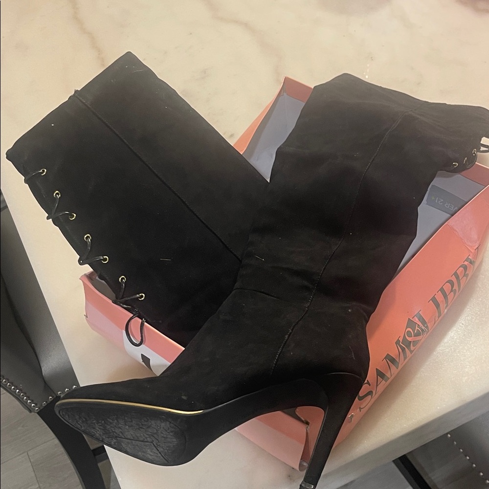 Sam & Libby Black Heeled Boots with Lace-Up Detail